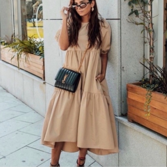 Zara Dresses & Skirts - NEW Zara Women puffed sleeve midi dress, size S, neutral beige color